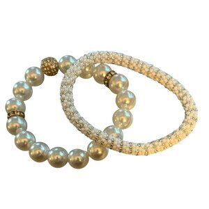 White Faux Pearl & Beaded Stretch Bracelets Set Elegant Design For Women Ideal F